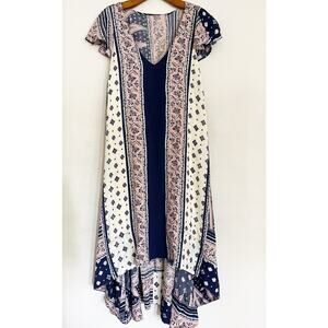 Anthropologie Maeve Dress M Blue Pink Floral Boho Flare Midi High Low Swing
